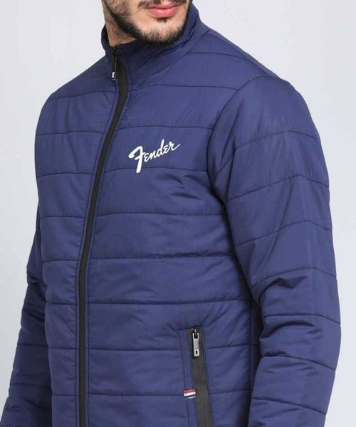 Men's Blue Synthetic Leather Printed Long Sleeves Open Front Jacket