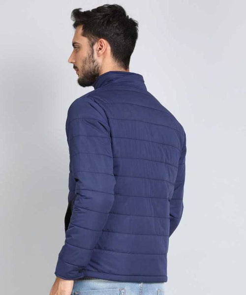 Men's Blue Synthetic Leather Printed Long Sleeves Open Front Jacket