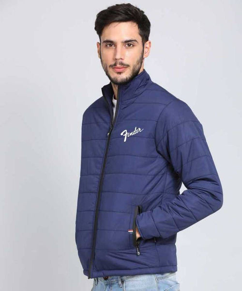 Men's Blue Synthetic Leather Printed Long Sleeves Open Front Jacket